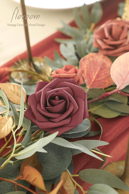 6-Foot Artificial Eucalyptus Garland with Burnt Orange Floral Accents for Table Decor, Wedding Centerpieces, and Bridal Shower Party Decorations in Terracotta