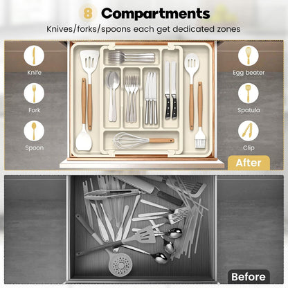 Premium Expandable Silverware Organizer for Kitchen Drawers - BPA-Free Thick Plastic with Wider Compartments and Non-Skid Feet for Cutlery, Flatware, and Utensils