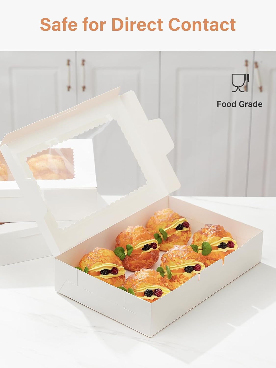 24 Pack Bakery Boxes with Window, 12" X 8" X 2.5", White Cookie Packaging for Chocolate Covered Strawberries, Cupcakes, Donuts, Treat, Baked Goods, Auto-Popup Design