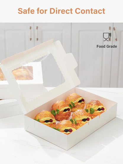 24 Pack Bakery Boxes with Window, 12" X 8" X 2.5", White Cookie Packaging for Chocolate Covered Strawberries, Cupcakes, Donuts, Treat, Baked Goods, Auto-Popup Design