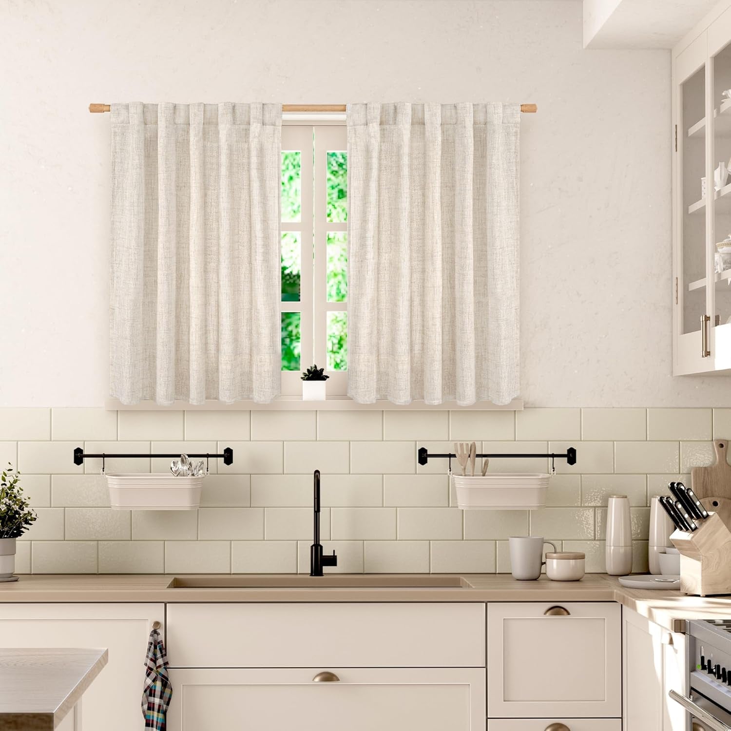 Small Linen Curtains 36 Inch Length for Cafe, Semi Sheer Half Textured Drapes with Rod Pocket Back Tab Rustic Light Filtering for Bathroom Kitchen Window over Sink, 2 Panels Set, 42 X 36 Inch