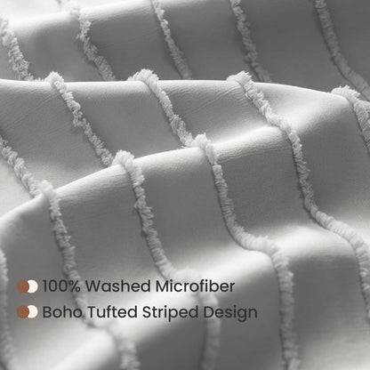 Light Grey Duvet Cover King Size - Striped Tufted King Duvet Cover Set with Zipper Closure, 3Pcs Soft Microfiber Boho Bedding Set for All Seasons (King, 104"X90")