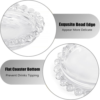 Modern Clear Glass Coaster Set - 5-Piece Round Coasters with Beaded Edge for Drinks, Ideal for Coffee Table Decor in Office, Kitchen, Bar, Dining Room, Living Room, and Patio (Clear)