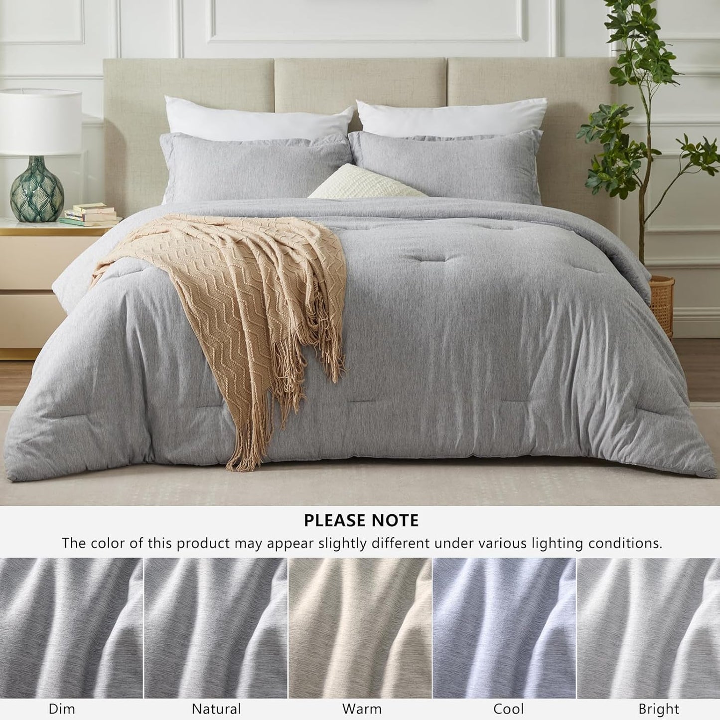 Queen Comforter Set - 3 Pieces Light Grey Soft Luxury Cationic Dyeing Queen Comforter for All Season, Light Gray Breathable Lightweight Fluffy Bedding Sets with 1 Comforter and 2 Pillow Shams