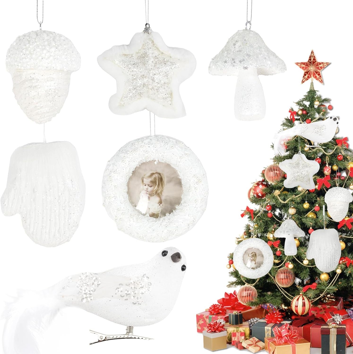 6 Pcs Christmas Tree Balls Ornaments Glitter Ball Xmas Hanging Decorations, Pre-Strung Shatterproof Ornaments White Painted Decorative Baubles for Party Wedding Christmas Decor