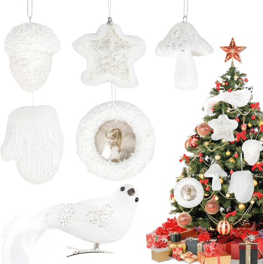 6 Pcs Christmas Tree Balls Ornaments Glitter Ball Xmas Hanging Decorations, Pre-Strung Shatterproof Ornaments White Painted Decorative Baubles for Party Wedding Christmas Decor