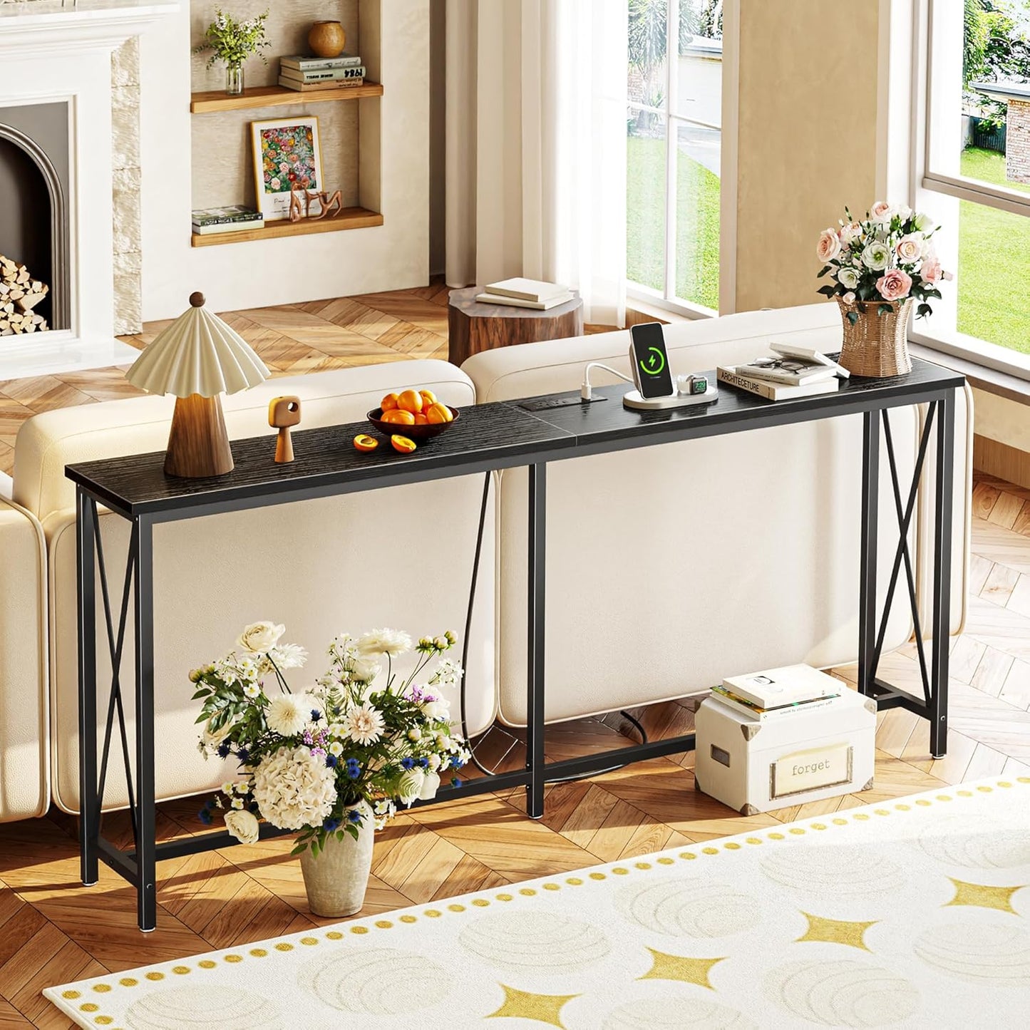 70-Inch Console Table with Outlets and USB-C Port, Extra Long X-Shaped Design for Entryway and Living Room, Metal Frame with Wooden Top, Black Finish