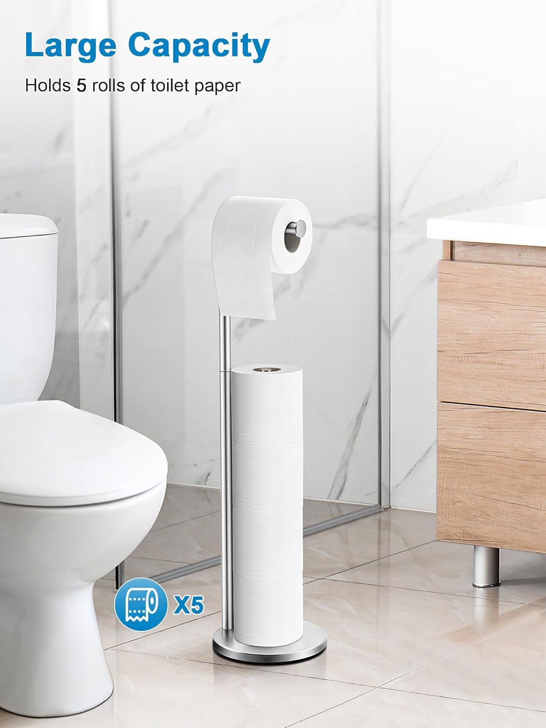 Toilet Paper Holder Stand, Bathroom Toilet Paper Holder Free Standing, 5-Roll Toilet Paper Stand with Suction Cups, Non-Slip Toilet Paper Roll Holder, Stainless Steel, Weighted Base, Silver