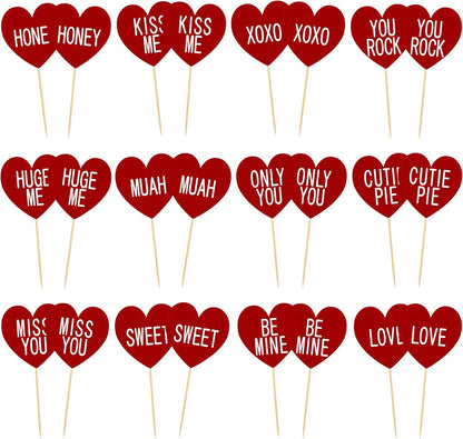 24 PCS Valentines Cupcake Toppers, 4.53 in Conversation Red Cake Toppers, "LOVE" "KISS ME" Design Heart Cupcake Toppers Valentines Day Cake Toppers, Wedding Cake Decor Valentine Cupcake Decorations
