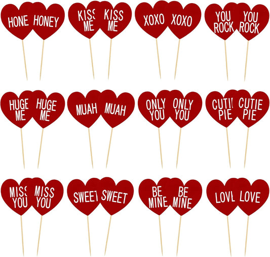 24 PCS Valentines Cupcake Toppers, 4.53 in Conversation Red Cake Toppers, "LOVE" "KISS ME" Design Heart Cupcake Toppers Valentines Day Cake Toppers, Wedding Cake Decor Valentine Cupcake Decorations