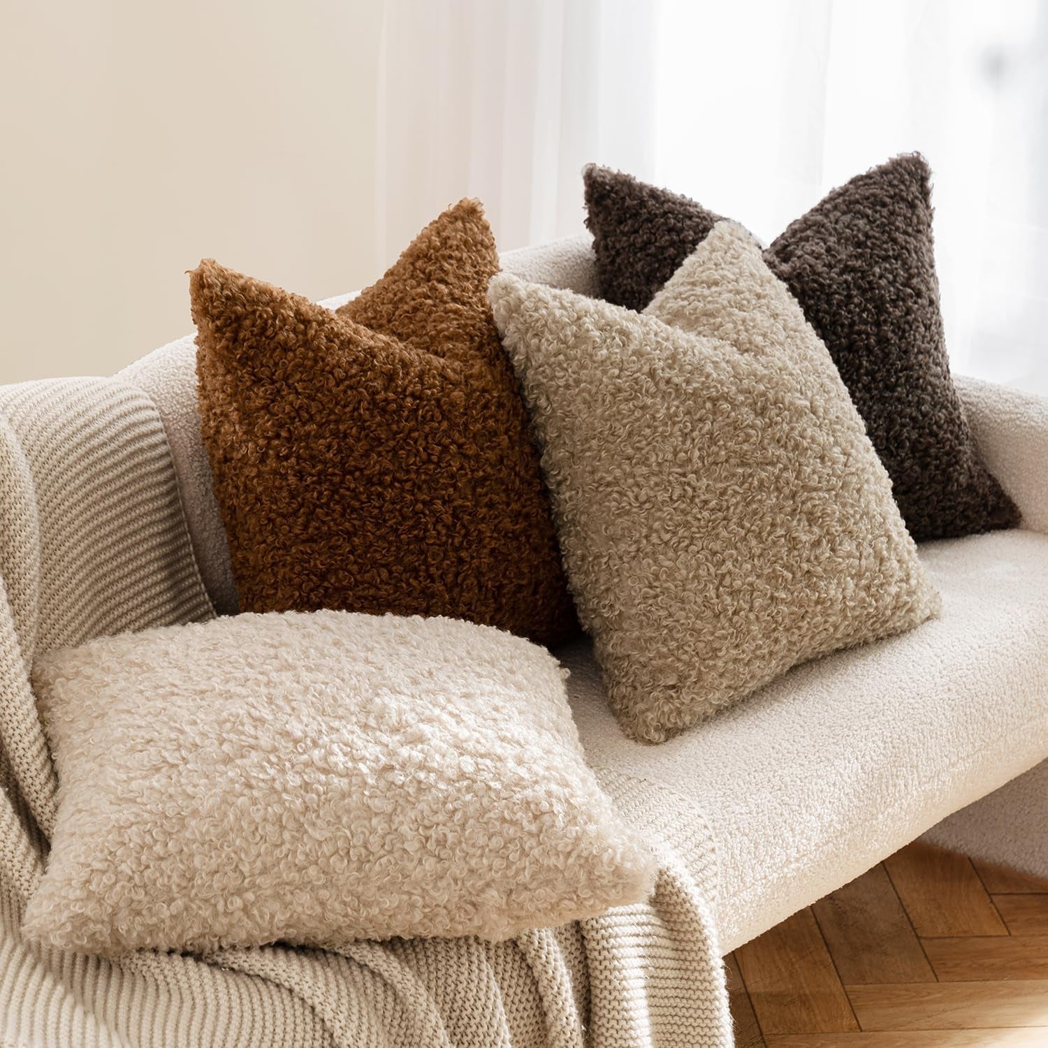 Pack of 2 Faux Fur Throw Pillow Covers 18X18 Inch Bronze Boucle Decorative Sherpa Pillow Covers Fuzzy Accent Soft Sheepskin Fleece for Boho Home Decor Sofa Living Room Couch Bed