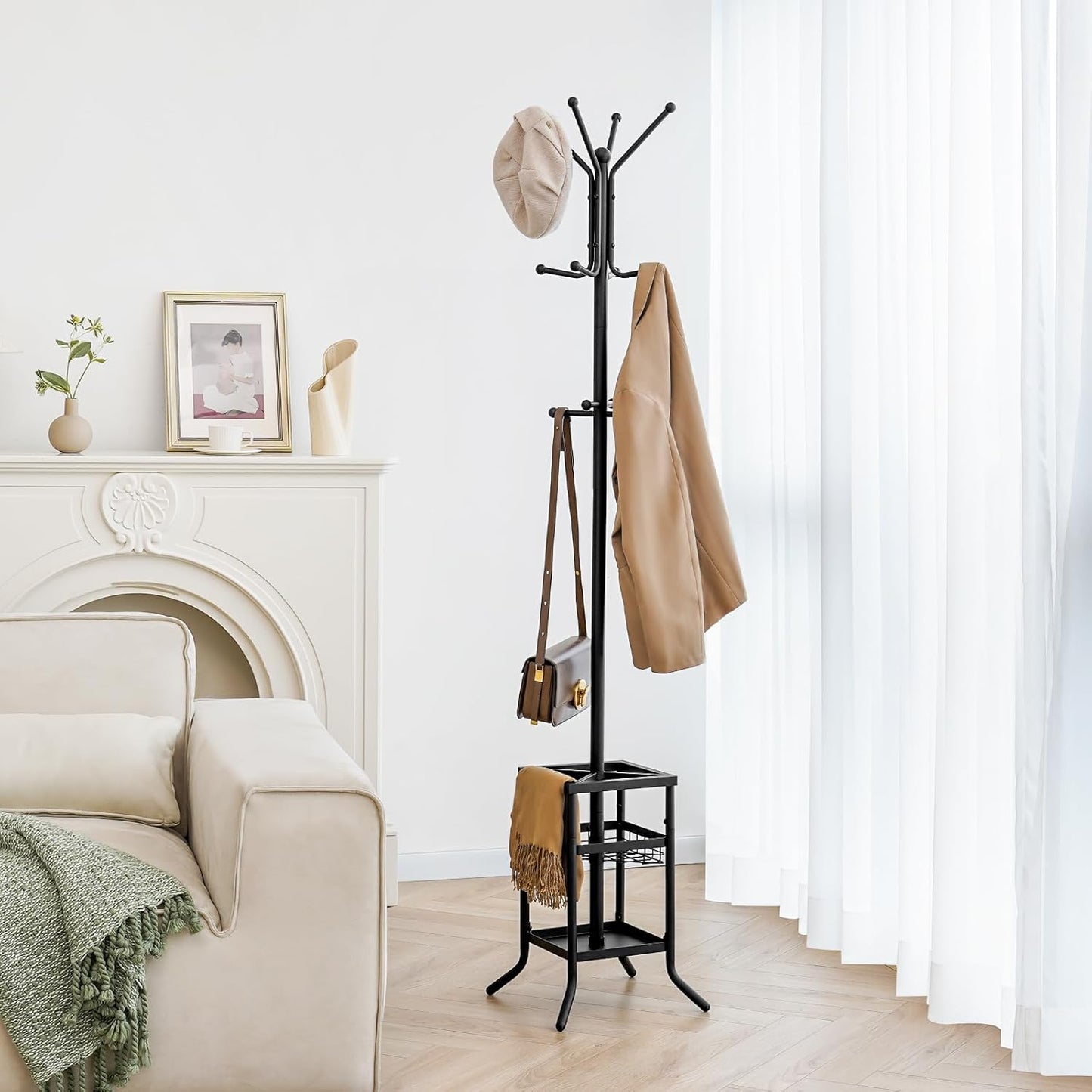 Coat Rack Freestanding, Coat Tree with Umbrella Holder, Metal Coat Rack Stand with 12 Hooks, Modern Coat Hanger Stand for Entryway, Purse Rack Hat Rack Stand for Living Room Bedroom Office