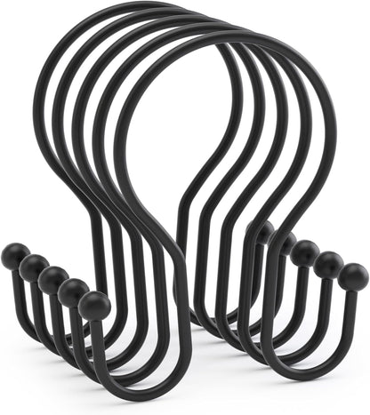 Shower Curtain Hooks Black Shower Curtain Rings, Simple Double Hook Shower Curtain Hooks Rust Proof, Smooth Sturdy Metal Shower Hooks for Shower Curtain Rod, 12 Pcs Shower Rod Hooks