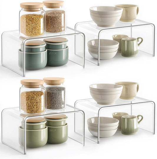 Cabinet Shelf Organizer, 4 Pack Spice Organization for Cabinet, Seasoning, Plate Organizer Shelf Riser, Clear