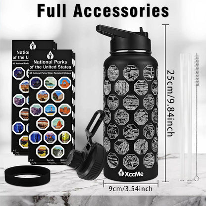 National Parks Water Bottle with Stickers,32 Oz Stainless Steel Insulated Water Bottle with Straw,2 Lids,Leak Proof Metal Water Cup for Hiking,Travel,Sports,Camping,Wide Mouth Bottle