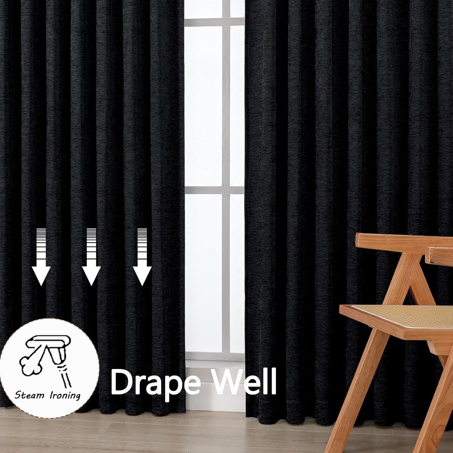 Chenille Black Curtains 72 Inch Length 2 Panels, Light Filtering Luxury Window Curtains, Back Tab Privacy Soft Velvet Window Curtain Drapes for Bedroom Living Room, 40" Wx72 L