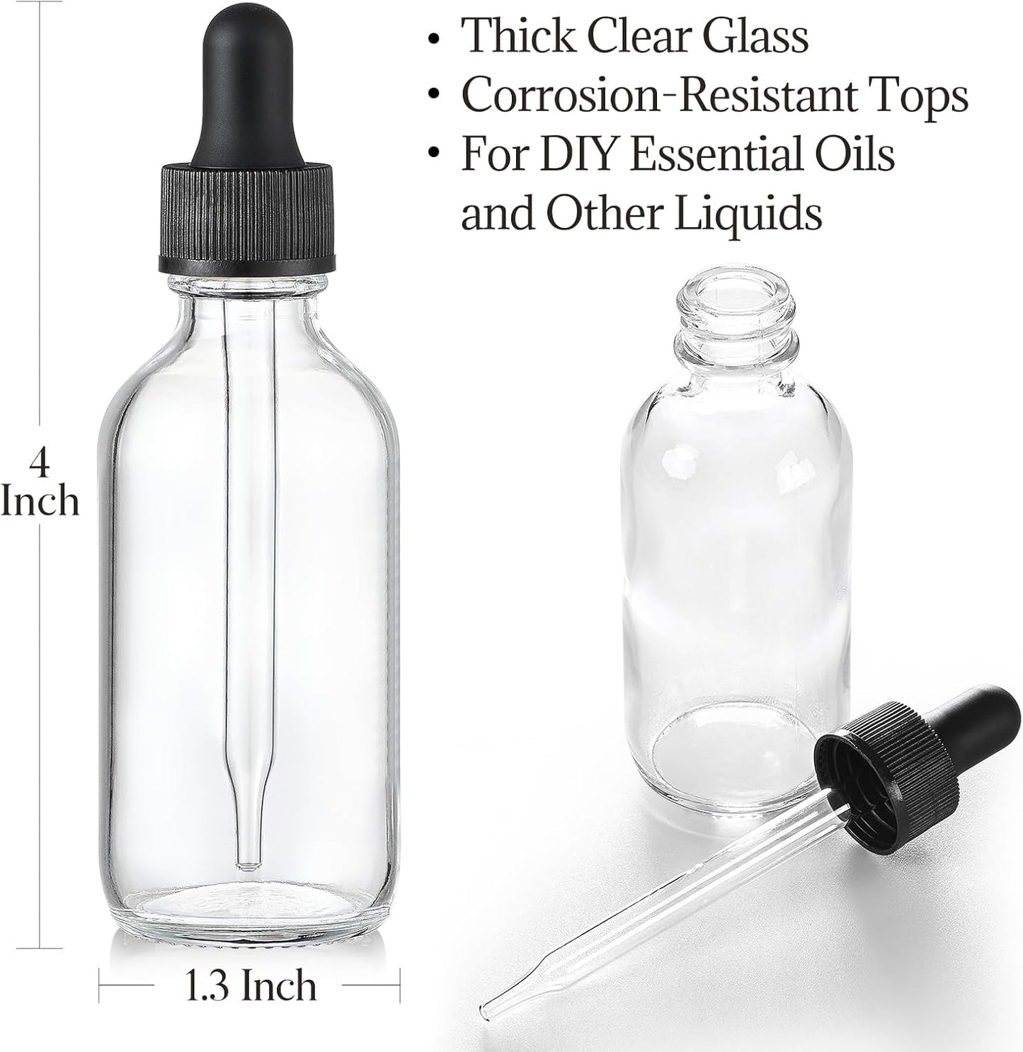 Set of 4, 1 Oz Clear Eye Dropper Bottles with 1 Stainless Steel Funnels & 4 Labels - Black Caps 30Ml Thick Glass Tincture Bottles - Leakproof Essential Oils Bottles for Health, Personal Care & Beauty