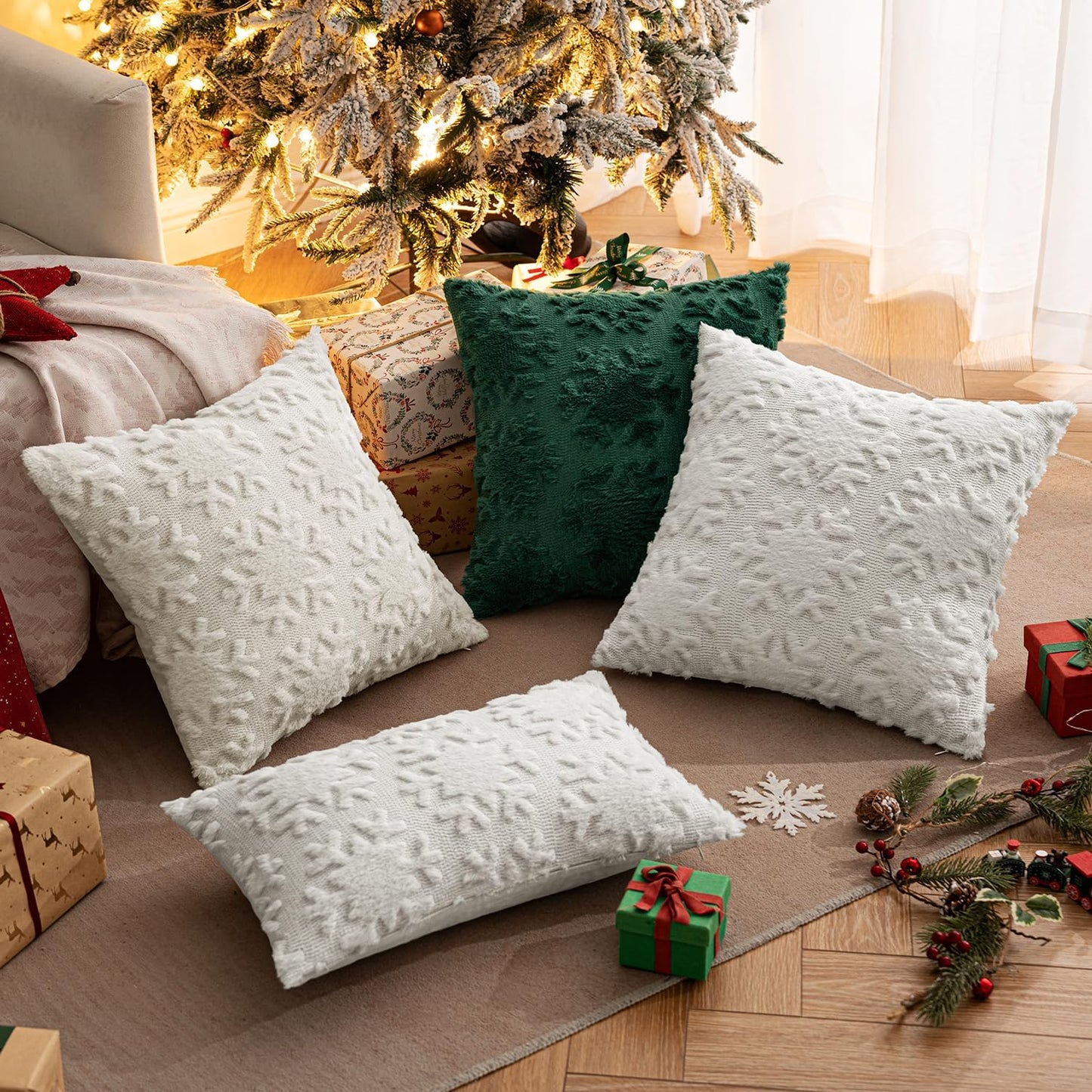 Christmas Snowflake Decorative Throw Pillow Covers Set of 2,Soft Fluffy Faux Wool Winter Holiday Couch Pillows for Farmhouse Boho Home Decor Sofa Bed Porch Living Room 18X18 Inch Green