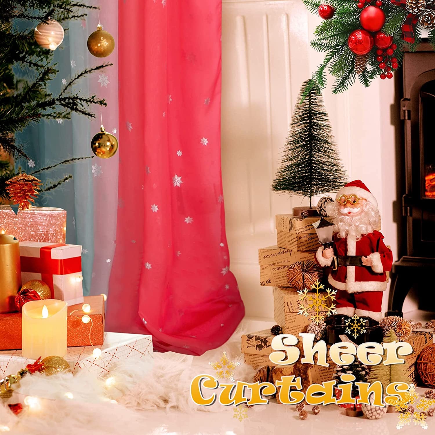 Christmas Party Scarf Curtains Snow Print Window Decoration for Living Room, Soft Ombre Sheer Voile Scarf Valance for Window, Set of 1 Panel (52 X 144 Inch, Red and Green)