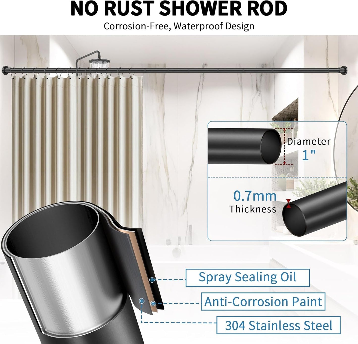 Black Shower Curtain Rod 36-84 Inches (3-7Ft) Non Rust Adjustable Shower Rod Spring Tension Non Slip No Drilling Stainless Steel Shower Rods for Bathroom Window