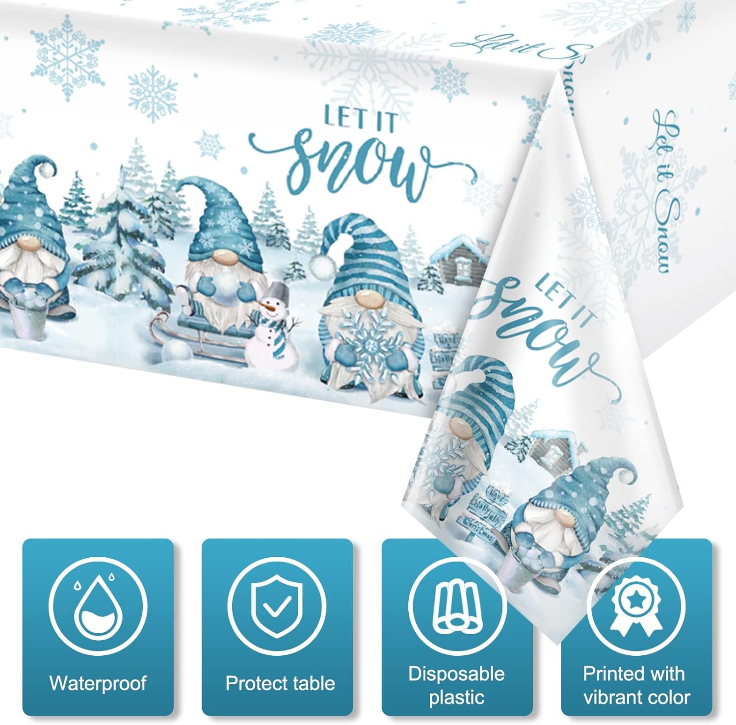 1 Pcs Christmas Winter Gnome Tablecloth, Plastic Disposable Christmas Let It Snow Snowflake Xmas Tree Ice Blue Table Cover for Xmas Winter Holiday Themed Party Decorations and Supplies, 54 X 108 Inch