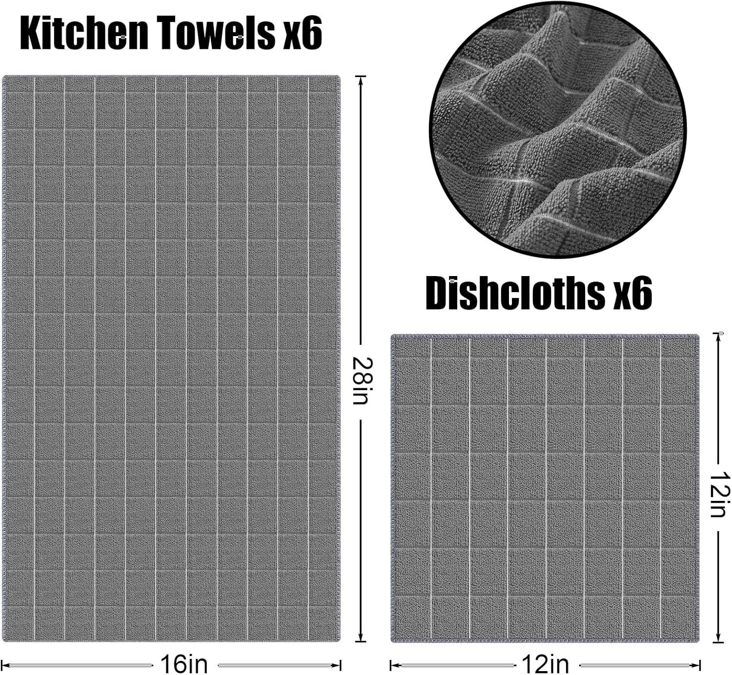Microfiber Kitchen Towels and Dishcloths Set, 12 Pack Soft and Absorbent Dish Hand Towels Bulk, 28 X 16 Inch & 12 X 12 Inch Quick Drying Rags for Washing Dishes, Grey