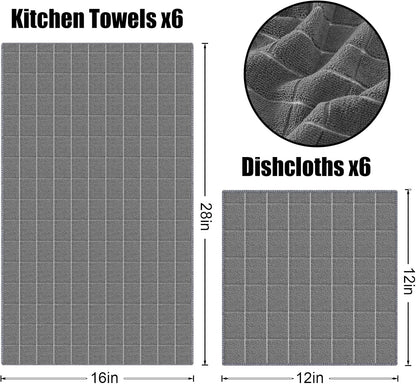Microfiber Kitchen Towels and Dishcloths Set, 12 Pack Soft and Absorbent Dish Hand Towels Bulk, 28 X 16 Inch & 12 X 12 Inch Quick Drying Rags for Washing Dishes, Grey