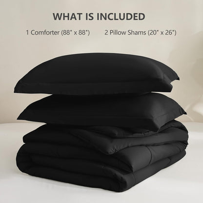 Queen Comforter Set Black - 3 Pieces Box Stitched Comforters Queen Size, Soft Bed Set for All Seasons, Lightweight Bedding Sets with 1 down Alternative Comforter and 2 Pillow Shams