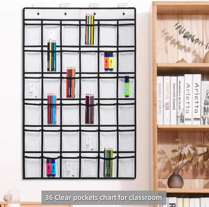 36-Pocket Classroom Pocket Chart for Cell Phones and Calculators with Number Stickers and Hooks (White)