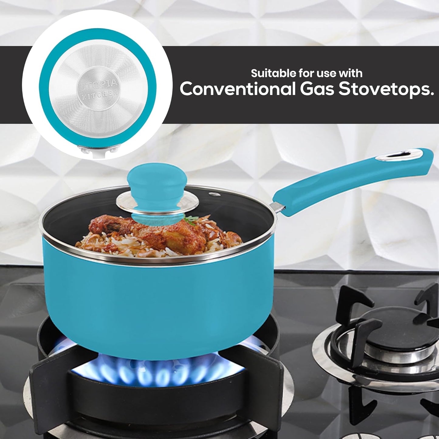 Nonstick Stock Pot Saucepan Set with Lids, 1 Quart and 2 Quarts Multipurpose Stock Pots Set for Home, Kitchen or Restaurant, Turquoise & Black