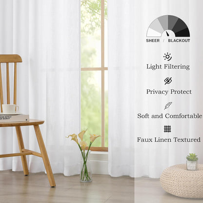 White Short Faux Linen Textured Cafe Kitchen Curtains 36 Inch Length 2 Panels, over Sink Semi Sheer Farmhouse Light Filtering Panels Rod Pocket Drapes for Bathroom Window, 40 X 36 Inch