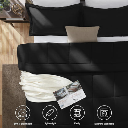 Queen Size Comforter Sets - Black Comforter Queen Size, 3 Pieces Box Stitched Soft Lightweight Bed Set, All Season Bedding Sets with 1 down Alternative Comforter and 2 Pillow Shams