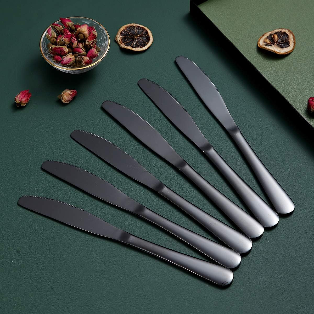 Set of 12 Black Stainless Steel Dinner Knives with Titanium Plating - Durable, Dishwasher Safe Butter Knife Spreaders