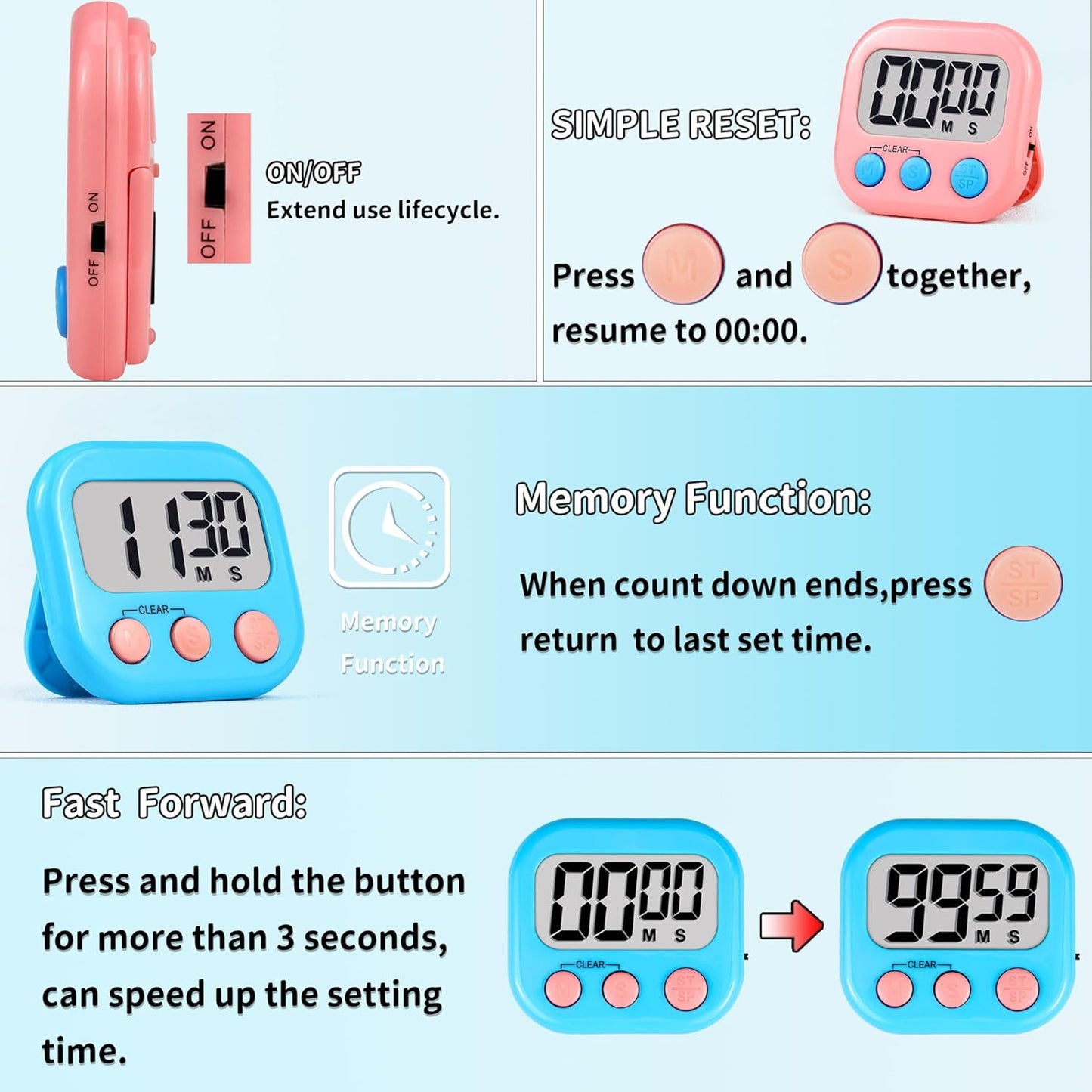 Timer for Kids Teachers Supplies Digital Kitchen Timers for Cooking Large Magnetic Classroom Timer 2Pack-Blue Pink
