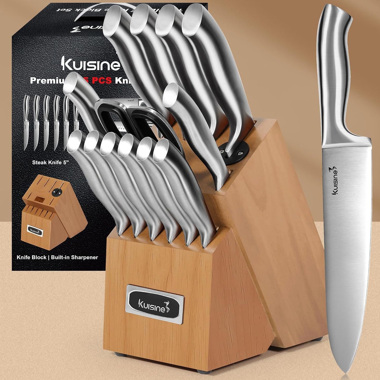 Premium Sharp Knife Set,High Carbon Stainless Steel Sharper Blade Ergonomic Non-Slip Handle,Kitchen Block Knife Set Chef Knife Block Set with Built-In Sharpener(Acacia, 15PCS)