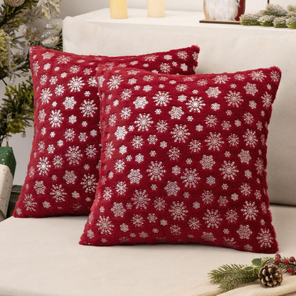 Christmas Burgundy Throw Pillow Covers Set of 2 Snowflakes Decorative Winter Couch Pillowcases 18×18 Inch Soft Plush Faux Fur Farmhouse Home Holiday Festival Decors for Sofa Living Room Bed