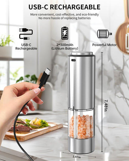 Electric Pepper Grinder Stainless Steel Rechargeable Pepper Mill with External Adjustable Coarseness, 95Ml Container and White LED Light, Silver