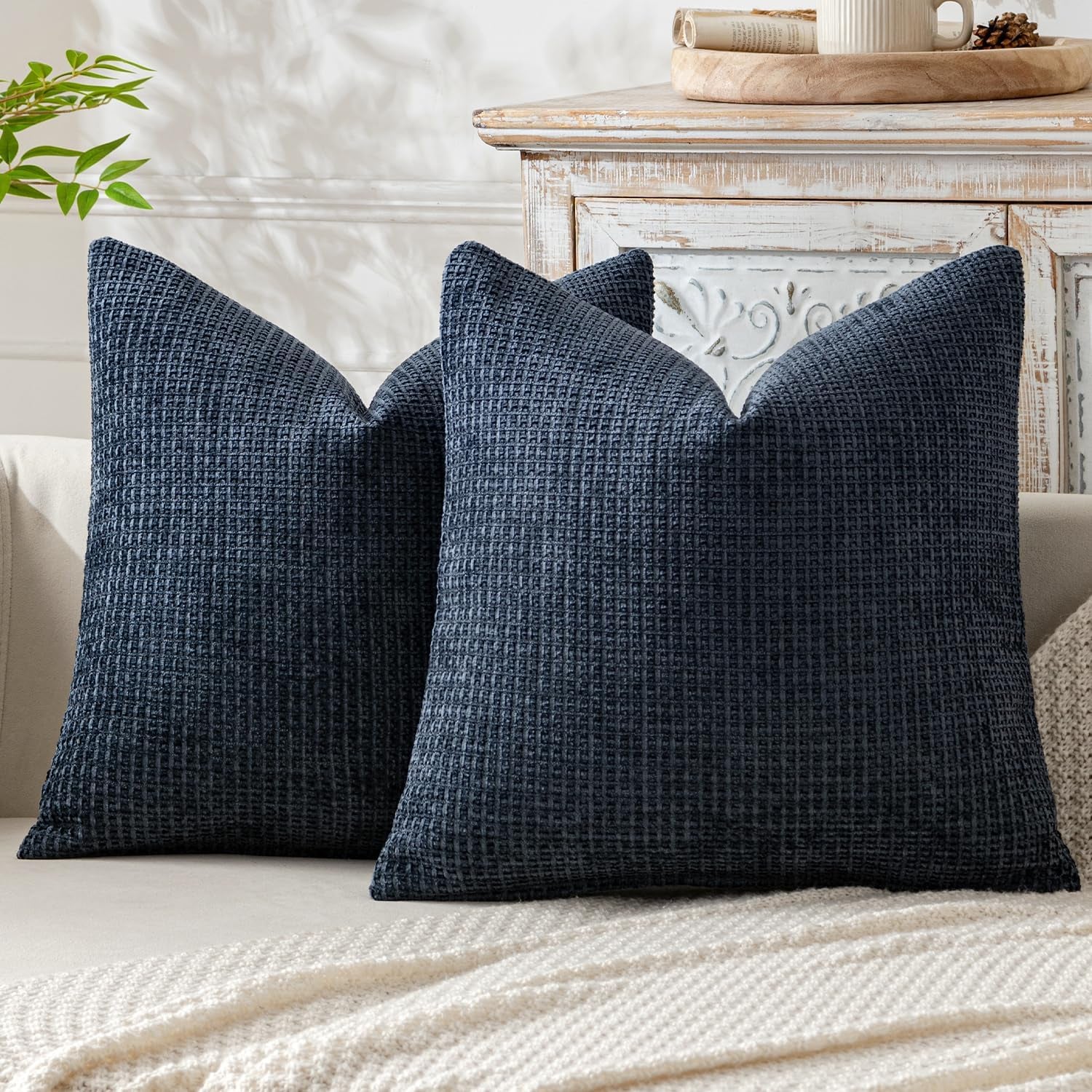 Pack of 2 Couch Throw Pillow Covers 18X18 Inch Coastal Navy Blue Modern Boho Accent Decorative Pillow Covers Soft Chenille Farmhouse Cushion Covers for Home Decor Bed Sofa Living Room