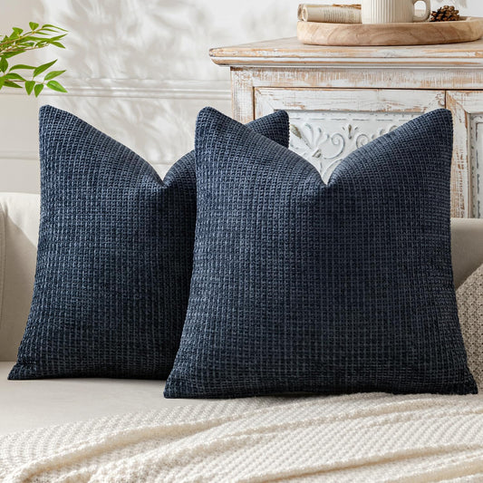 Pack of 2 Couch Throw Pillow Covers 18X18 Inch Coastal Navy Blue Modern Boho Accent Decorative Pillow Covers Soft Chenille Farmhouse Cushion Covers for Home Decor Bed Sofa Living Room