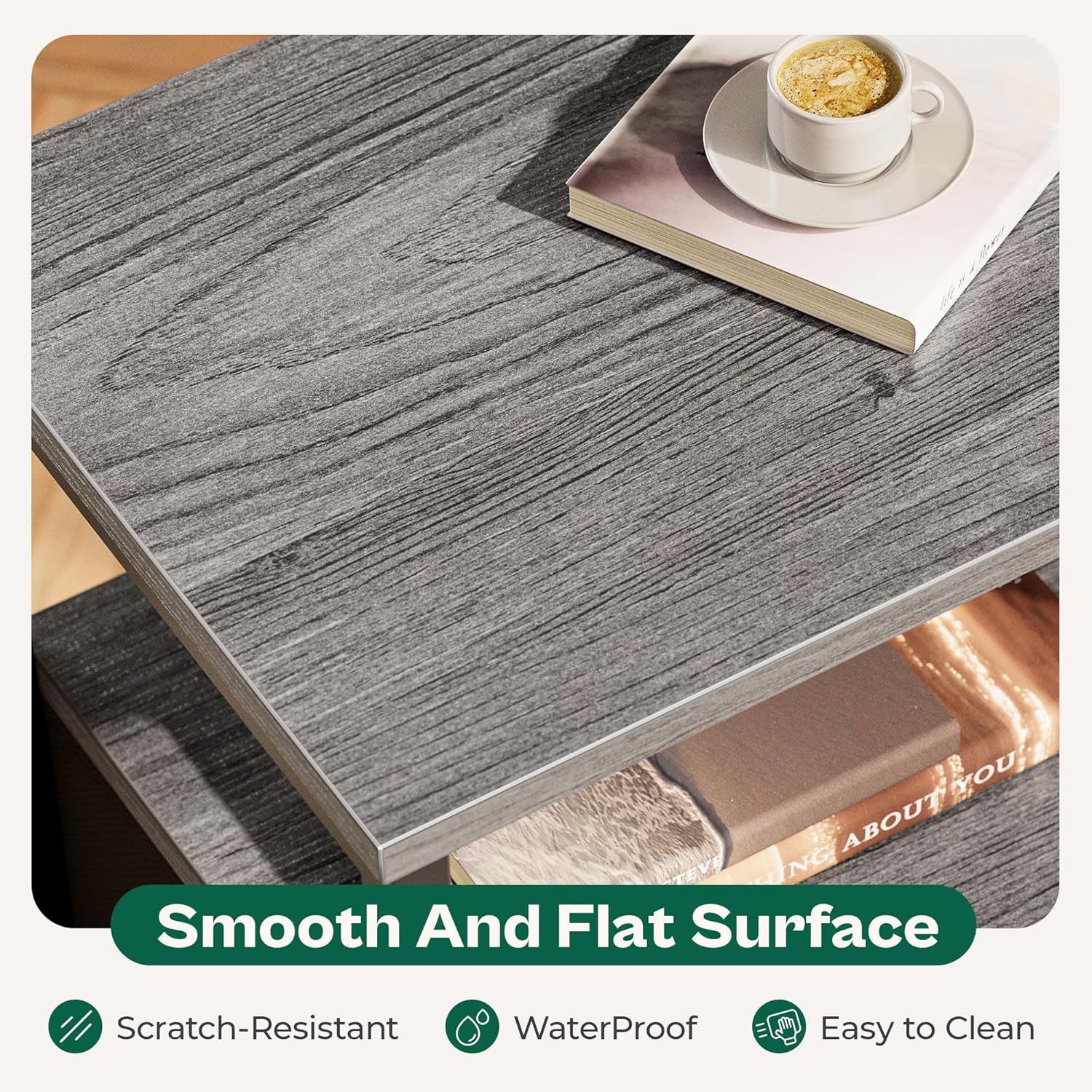 Charcoal Gray Nightstand with Fabric Drawer and Open Mesh Shelf, Metal Frame Side Table for Bedroom and Living Room