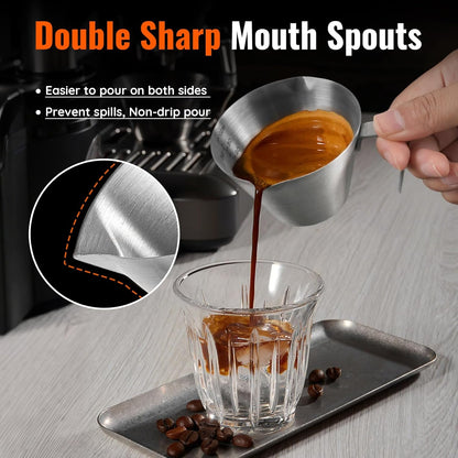 Espresso Cup with Handle, Stainless Steel Espresso Accessories, Double Spout Metal Measuring Cup with Dual Scale, Espresso Shot Pitcher with V-Shaped Mouth, 3.4OZ/100ML