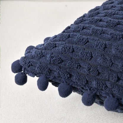 Set of 2 Navy Blue Decorative Throw Pillow Covers 18X18 Inch with Pom-Poms for Couch Bedroom Living Room, Modern Farmhouse Boho Home Decor, Soft Plush Corduroy Cute Cushion Case 45X45 Cm