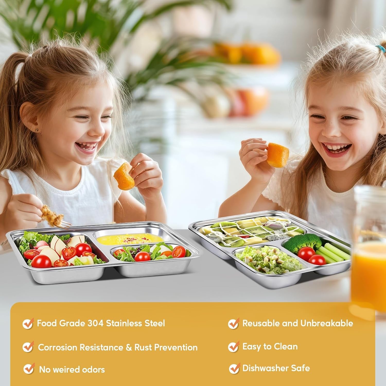 2 Pcs Stainless Steel Kids Plates Set, Toddler Baby Adults Divided Plate, Portion Control Plates for Bariatric & Diabetic Diet, Non Toxic Camping Metal Snack Plate for Eating, Easy to Clean, Silver