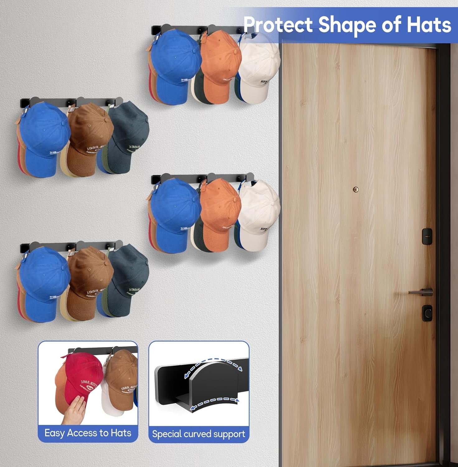4 Packs Hat Rack for Wall, Hat Organizer for Baseball Caps Holds 36 Hats, 3 Mounting Options Hat Hook Hanger, Strong Baseball Hat Holder Storage, Cap Display for Door, Room, Closet (Black)