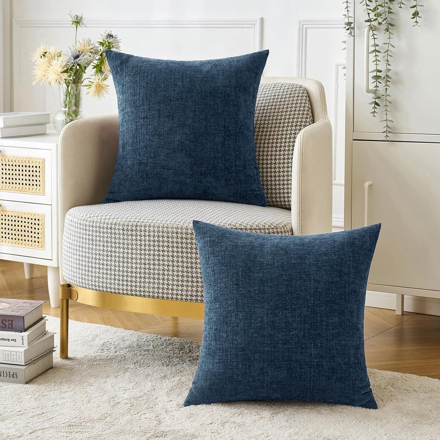 Pack of 2 Blue Throw Pillow Covers 18X18 Inch Soft Chenille Pillow Covers for Sofa Living Room Couch Solid Dyed Cases