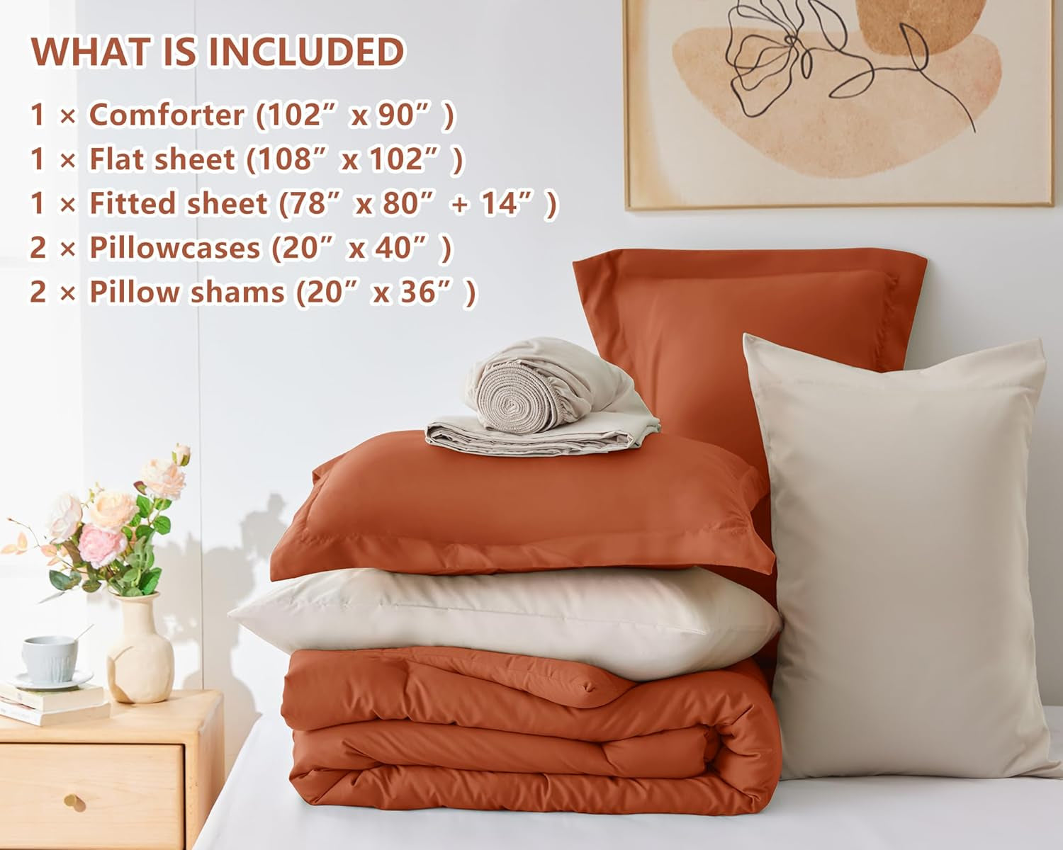 King Size Comforter Set Burnt Orange and Beige, 7 Pieces King Bedding Set Contrasting Design with Comforter, Flat Sheets, Fitted Sheet, Pillowcases & Shams, Bed in a Bag for All Season