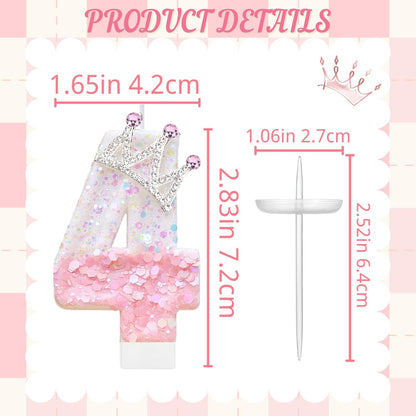 Pink Birthday Number 4 Candle for Cake, Pink Crown Cake Topper Princess Birthday Party Decorations Cupcake Topper Party Favors Decor Supplies