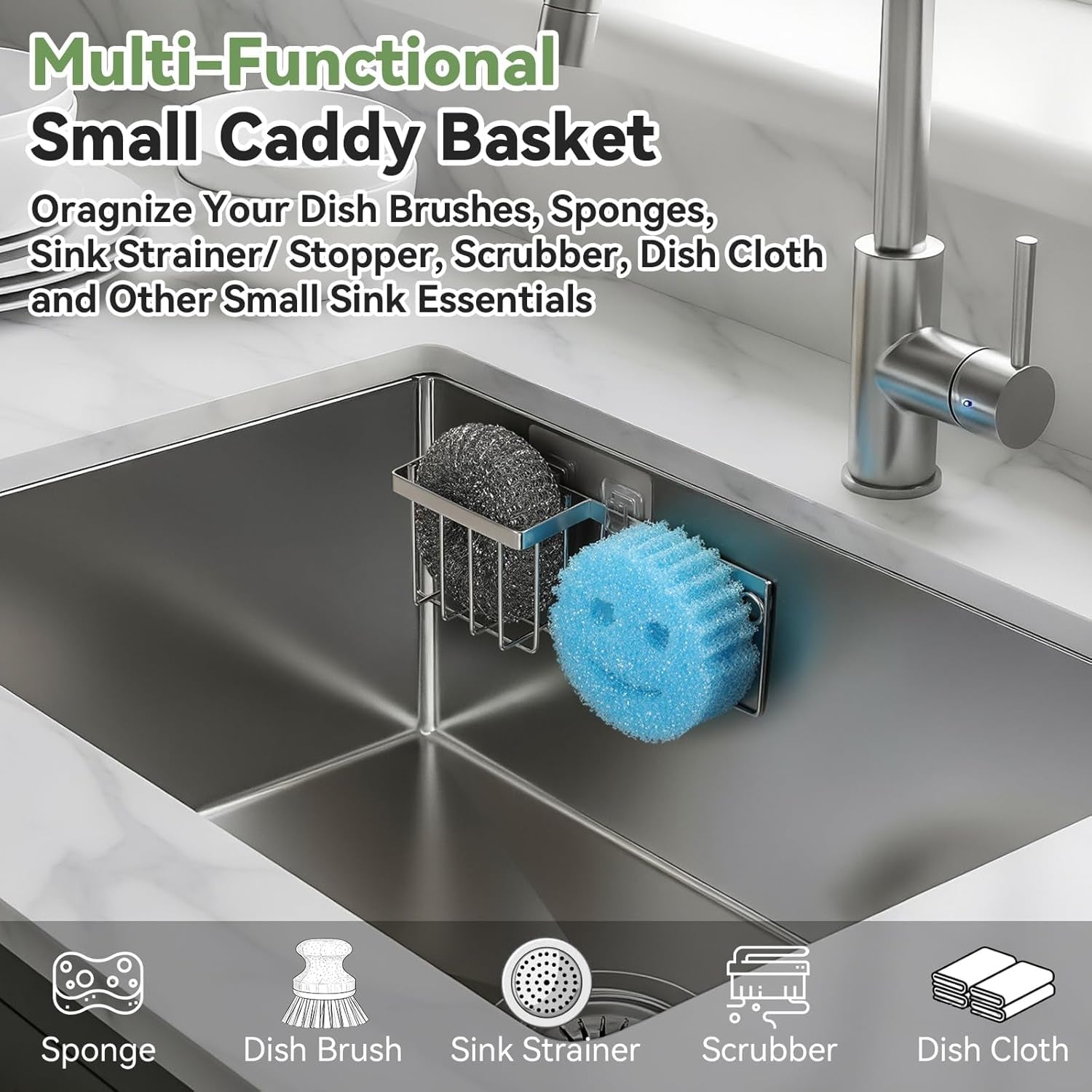 [Slim & Space-Saving] Sponge Holder for Kitchen Sink, Sponge Caddy for Scrub Daddy / Scrub Mommy Smiley Face, Sink Organizer Accessories for Dish Brush, Scrubber -With 2 Suction Cups & 1 Adhesive Hook