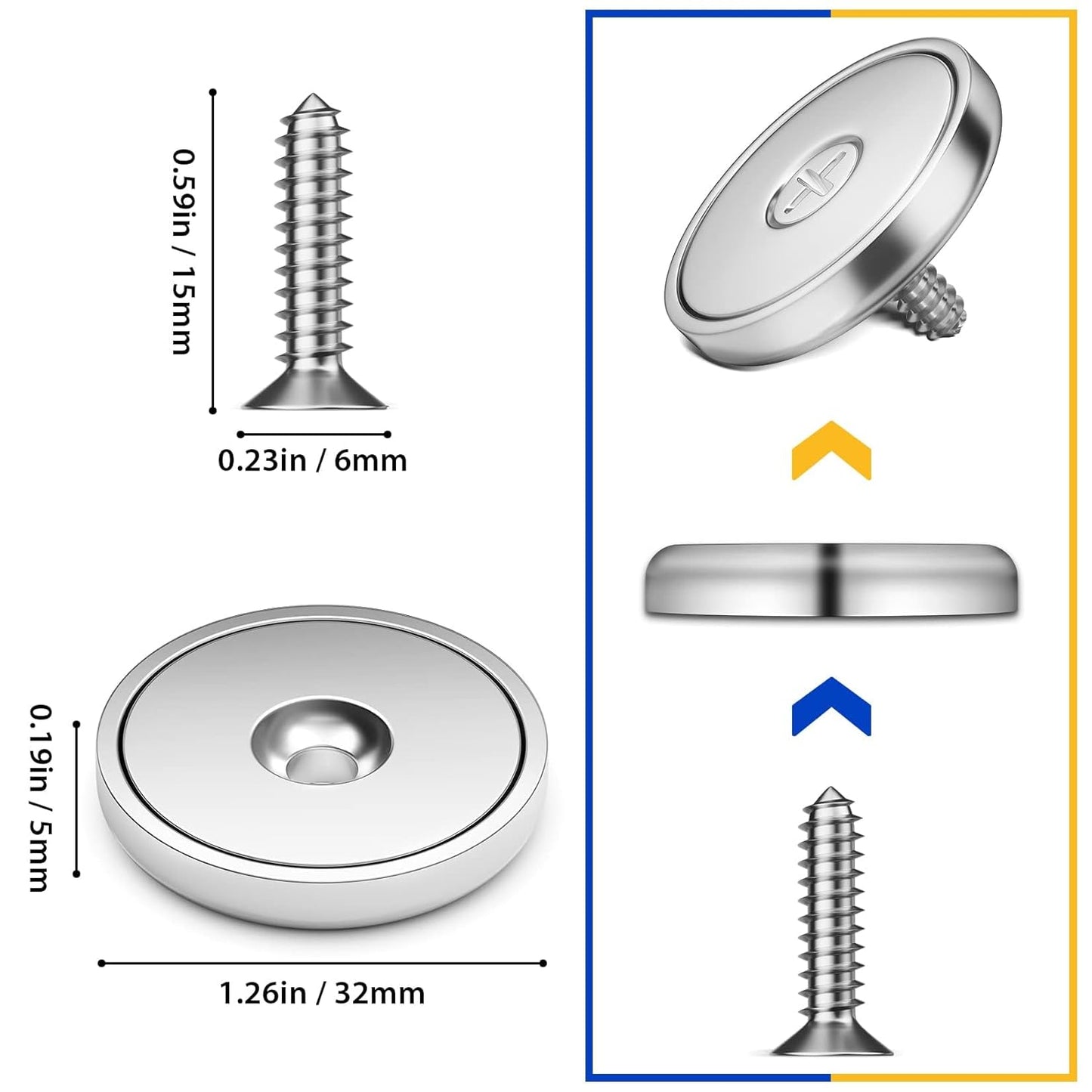 8-Pack Neodymium Cup Magnets with 100 LBS Pull Force, Countersunk Hole, Industrial Strength, 1.26" Diameter x 0.2" Height, Screws Included