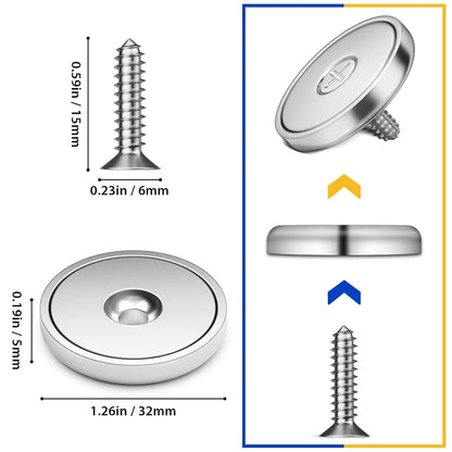 8-Pack Neodymium Cup Magnets with 100 LBS Pull Force, Countersunk Hole, Industrial Strength, 1.26" Diameter x 0.2" Height, Screws Included